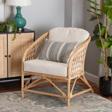 Patsy Modern Wicker Fair White Fabric and Natural Brown Rattan Armchair