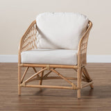 Patsy Modern Wicker Fair White Fabric and Natural Brown Rattan Armchair