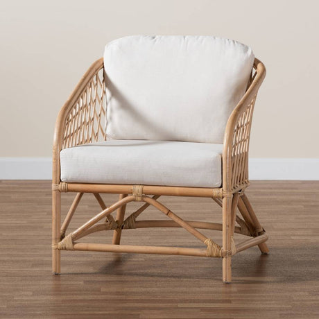 Patsy Modern Wicker Fair White Fabric and Natural Brown Rattan Armchair