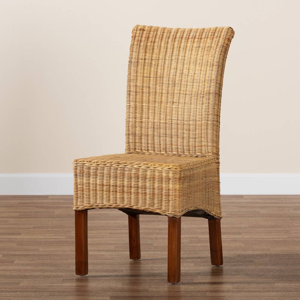 Shamara Modern Wicker Fair Natural Rattan and Mahogany Wood Dining Chair