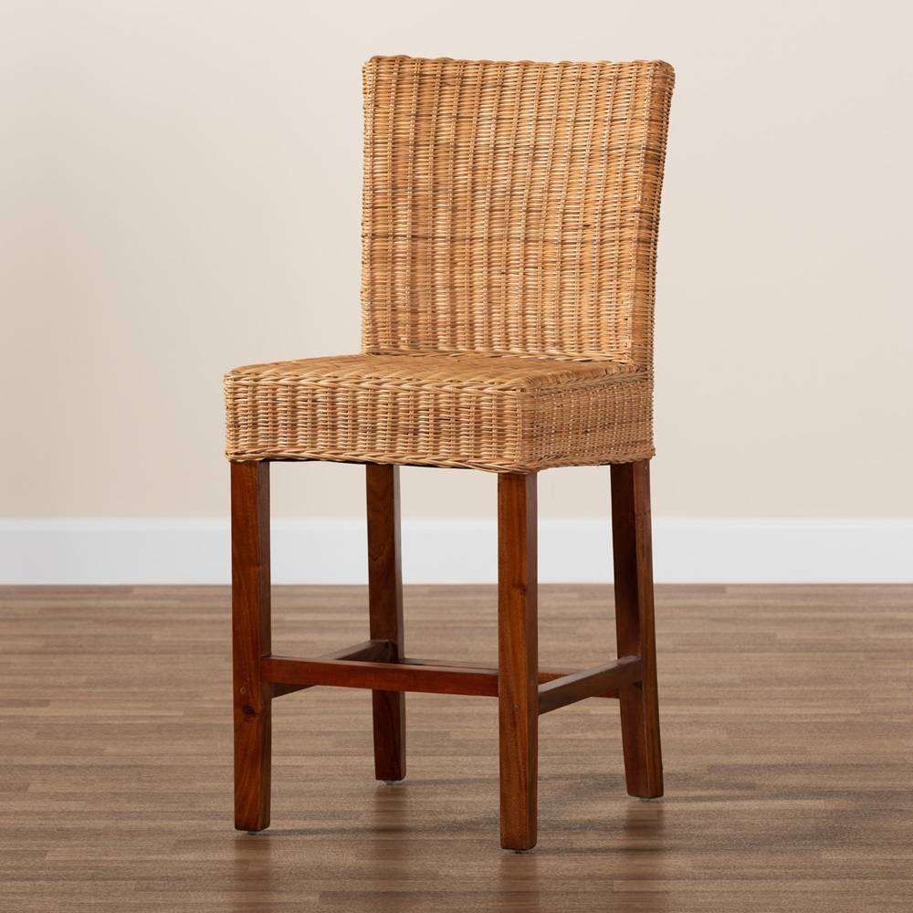 Racquel Modern Wicker Fair Natural Rattan and Mahogany Wood Counter Stool