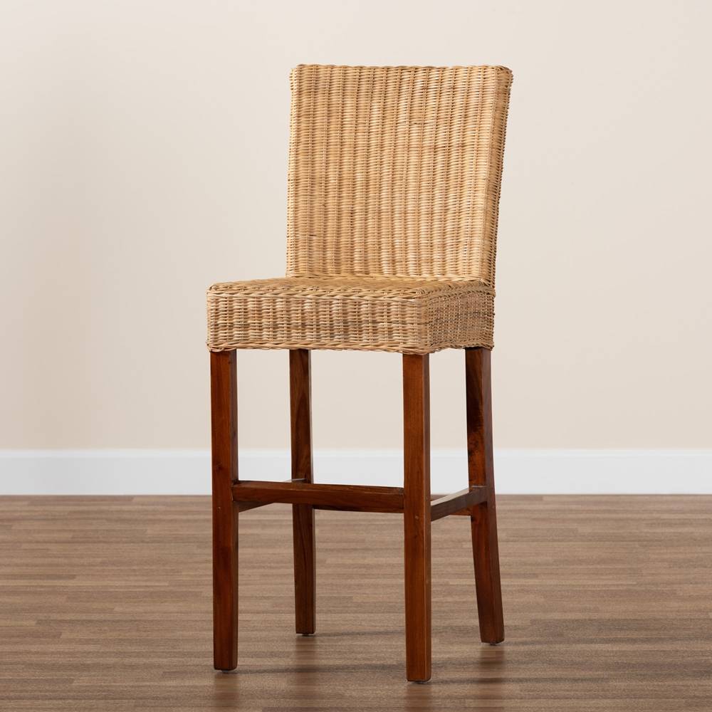 Racquel Modern Wicker Fair Natural Rattan and Mahogany Wood Bar Stool