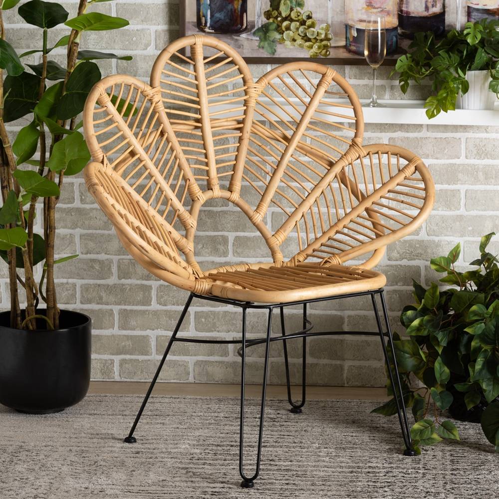 Garan Modern Wicker Fair Natural Brown Rattan and Black Metal Accent Chair