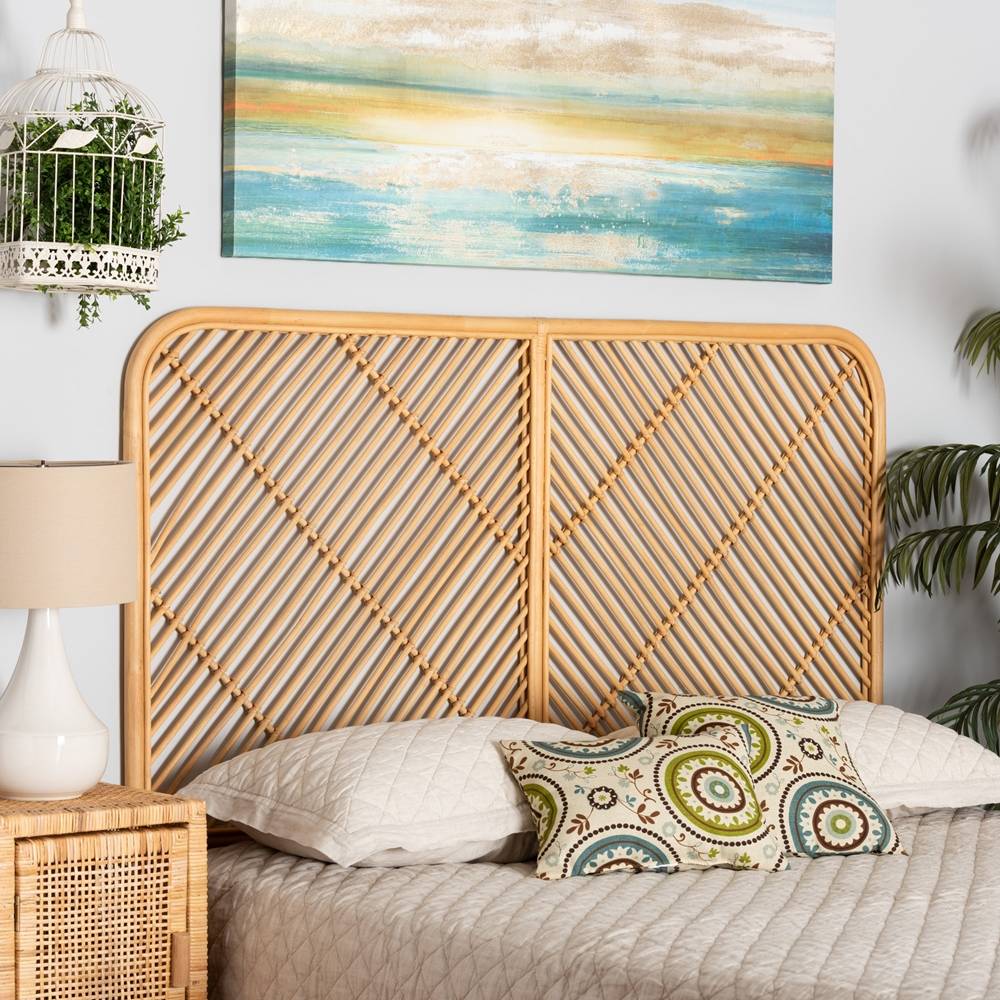 Sakina Modern Wicker Fair Natural Brown Rattan Queen Size Wall-mount Headboard