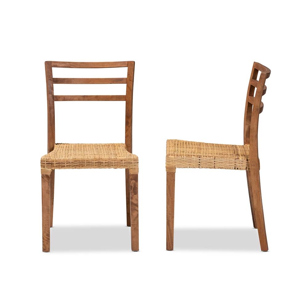 Arthur Mid-Century Modern Walnut Brown Mahogany Wood and Natural Rattan 2-Piece Dining Chair Set