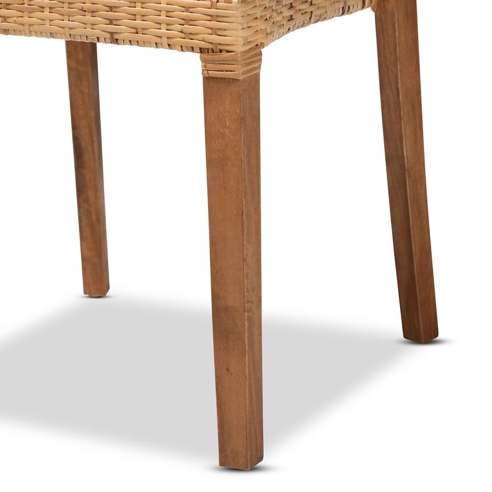 Arthur Mid-Century Modern Walnut Brown Mahogany Wood and Natural Rattan 2-Piece Dining Chair Set
