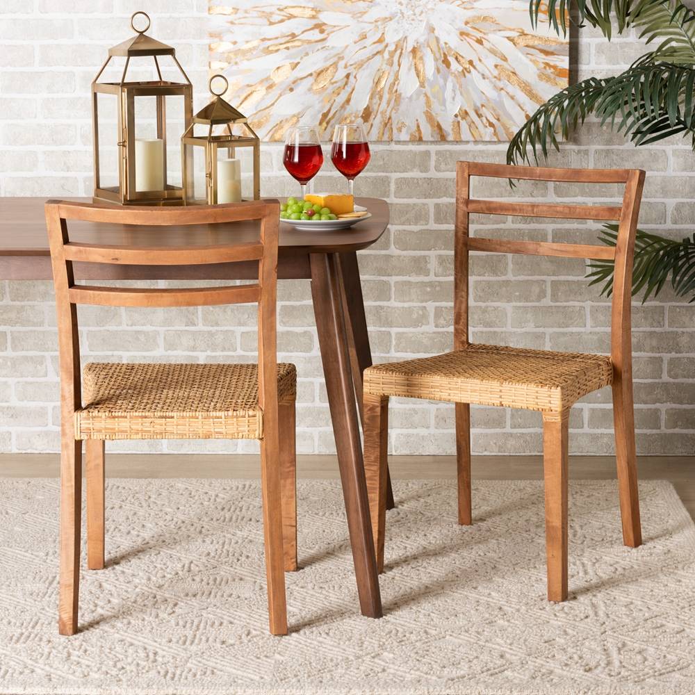 Arthur Mid-Century Modern Walnut Brown Mahogany Wood and Natural Rattan 2-Piece Dining Chair Set