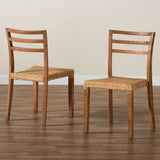 Arthur Mid-Century Modern Walnut Brown Mahogany Wood and Natural Rattan 2-Piece Dining Chair Set