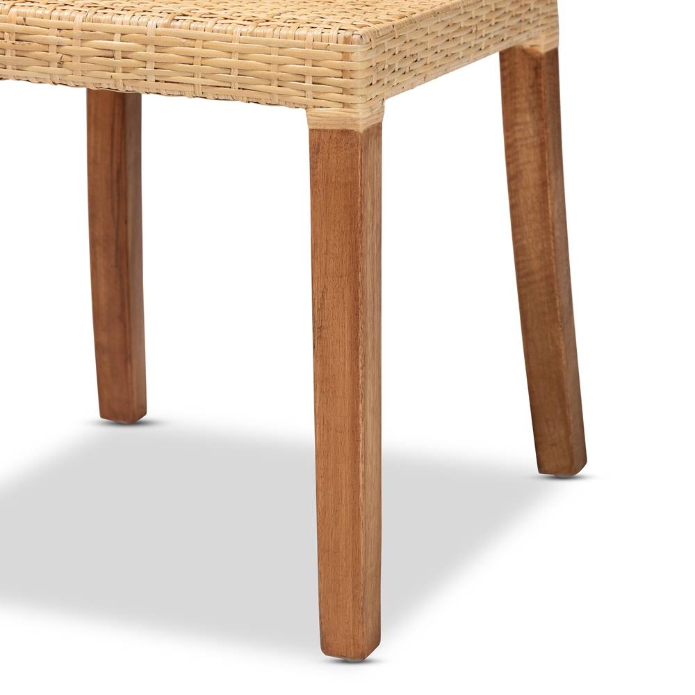 Caspia Mid-Century Modern Walnut Brown Mahogany Wood and Natural Rattan 2-Piece Dining Chair Set