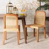 Caspia Mid-Century Modern Walnut Brown Mahogany Wood and Natural Rattan 2-Piece Dining Chair Set