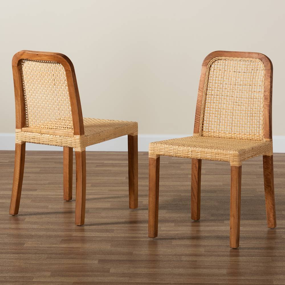 Caspia Mid-Century Modern Walnut Brown Mahogany Wood and Natural Rattan 2-Piece Dining Chair Set