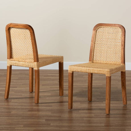 Caspia Mid-Century Modern Walnut Brown Mahogany Wood and Natural Rattan 2-Piece Dining Chair Set