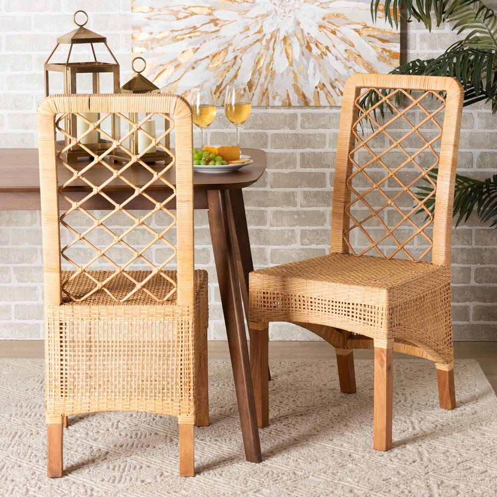 Moscow Modern Wicker Fair Natural Brown Rattan and Walnut Brown Mahogany Wood 2-Piece Dining Chair Set