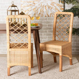 Moscow Modern Wicker Fair Natural Brown Rattan and Walnut Brown Mahogany Wood 2-Piece Dining Chair Set