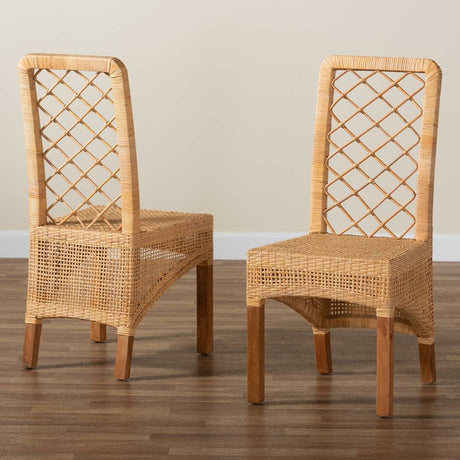 Moscow Modern Wicker Fair Natural Brown Rattan and Walnut Brown Mahogany Wood 2-Piece Dining Chair Set