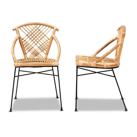 Pro Modern Wicker Fair Natural Brown Rattan and Black Metal 2-Piece Dining Chair Set