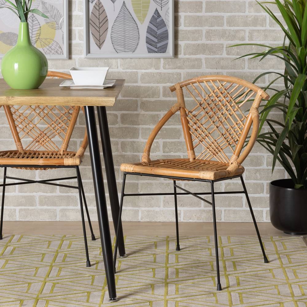 Pro Modern Wicker Fair Natural Brown Rattan and Black Metal 2-Piece Dining Chair Set