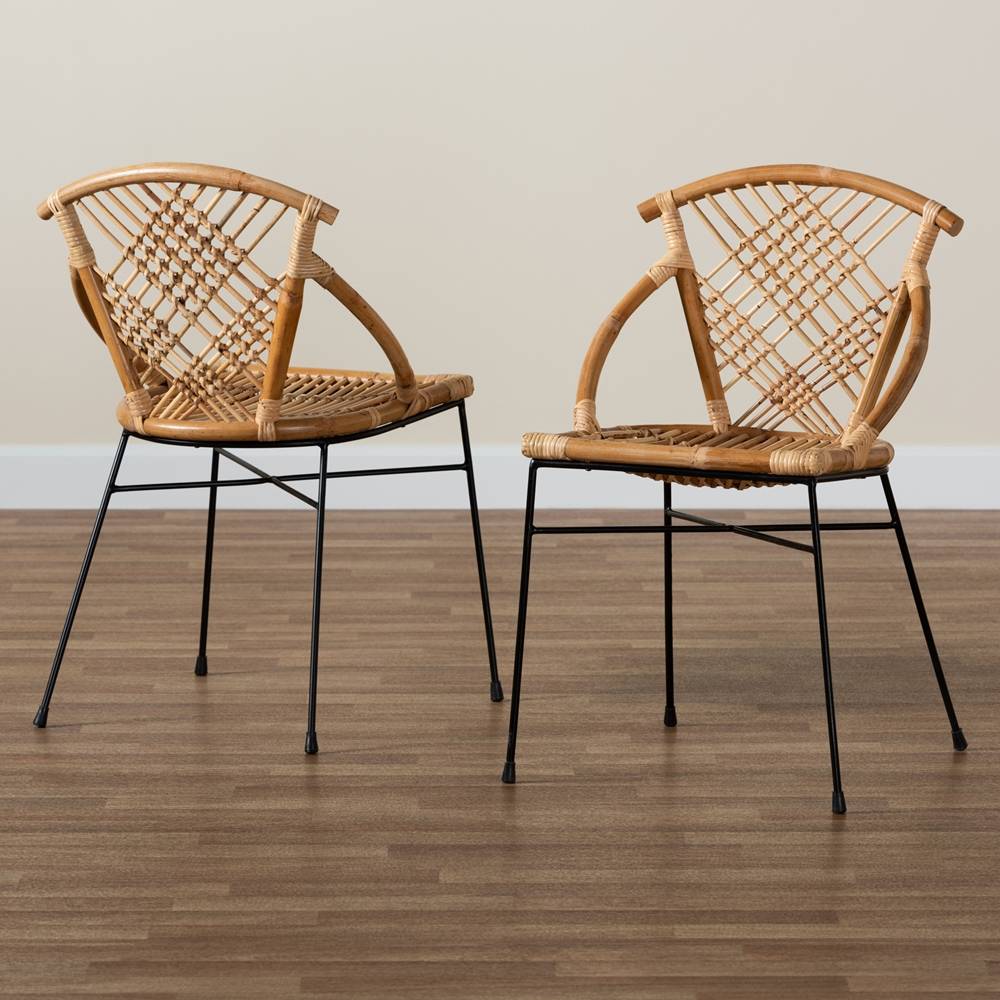 Pro Modern Wicker Fair Natural Brown Rattan and Black Metal 2-Piece Dining Chair Set