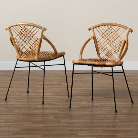Pro Modern Wicker Fair Natural Brown Rattan and Black Metal 2-Piece Dining Chair Set