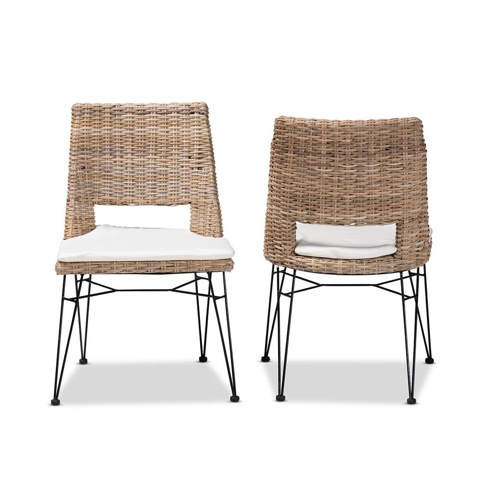Nafaro Modern Wicker Fair Greywashed Natural Rattan Metal Dining Chair with Cushion 2-Piece Set