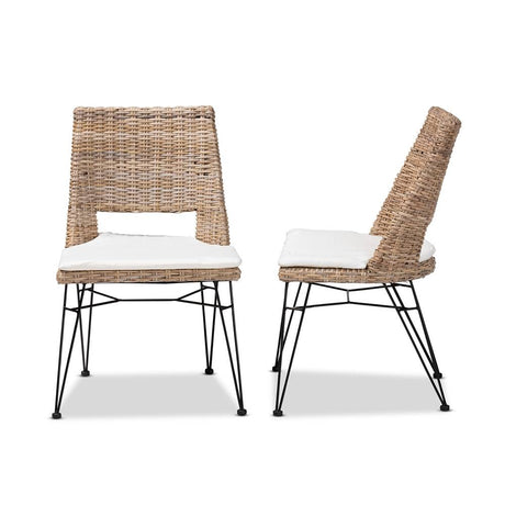 Nafaro Modern Wicker Fair Greywashed Natural Rattan Metal Dining Chair with Cushion 2-Piece Set