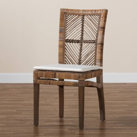 Laluna Modern Wicker Fair Greywashed Natural Rattan and Mahogany Dining Chair with Cushion