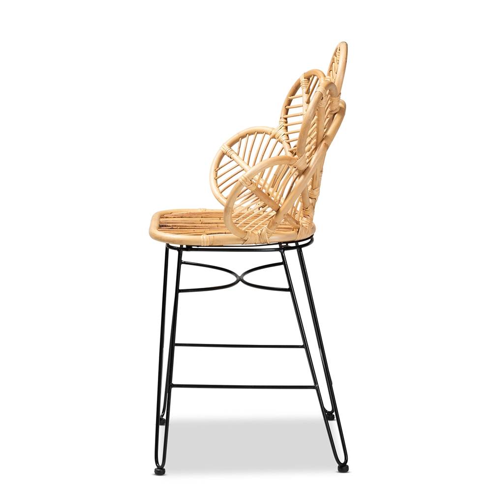 Garan Modern Wicker Fair Natural Brown Rattan and Black Metal Counter Stool