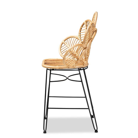 Garan Modern Wicker Fair Natural Brown Rattan and Black Metal Counter Stool