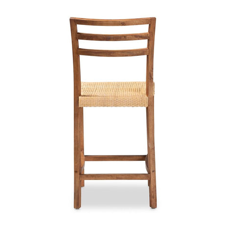 Arthur Mid-Century Modern Walnut Brown Mahogany Wood and Natural Rattan Counter Stool
