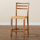 Arthur Mid-Century Modern Walnut Brown Mahogany Wood and Natural Rattan Counter Stool