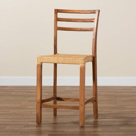 Arthur Mid-Century Modern Walnut Brown Mahogany Wood and Natural Rattan Counter Stool