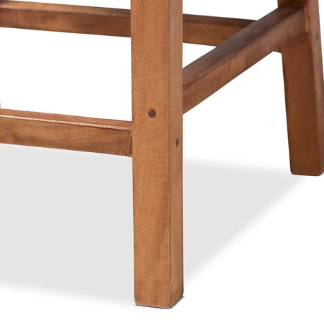Caspia Mid-Century Modern Walnut Brown Mahogany Wood and Natural Rattan Counter Stool