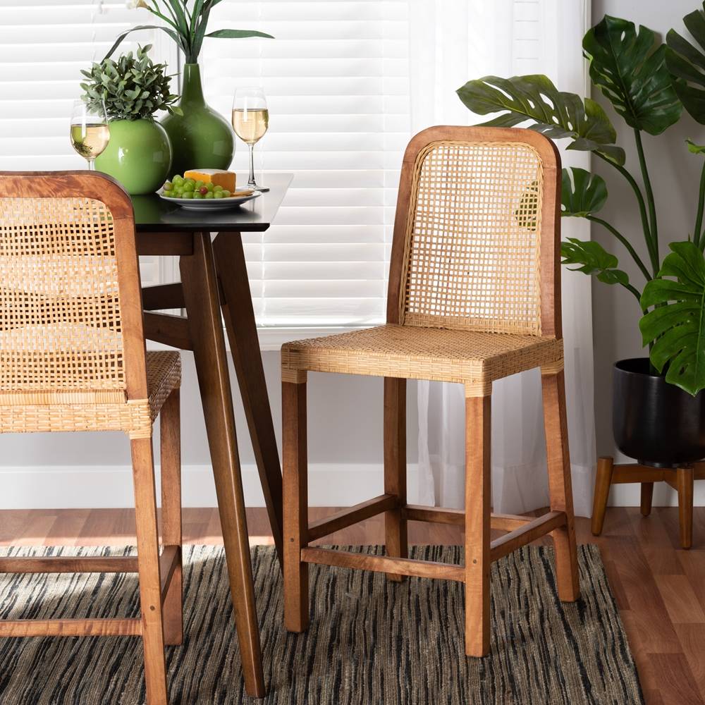 Caspia Mid-Century Modern Walnut Brown Mahogany Wood and Natural Rattan Counter Stool
