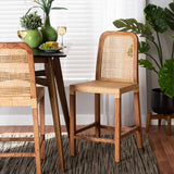 Caspia Mid-Century Modern Walnut Brown Mahogany Wood and Natural Rattan Counter Stool