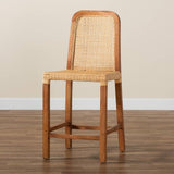 Caspia Mid-Century Modern Walnut Brown Mahogany Wood and Natural Rattan Counter Stool