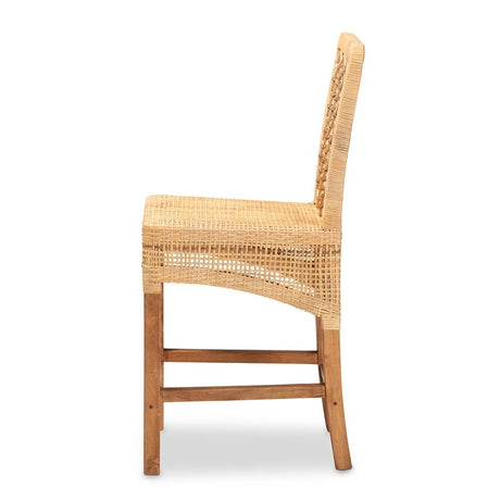 Moscow Modern Wicker Fair Natural Brown Rattan and Walnut Brown Mahogany Wood Counter Stool