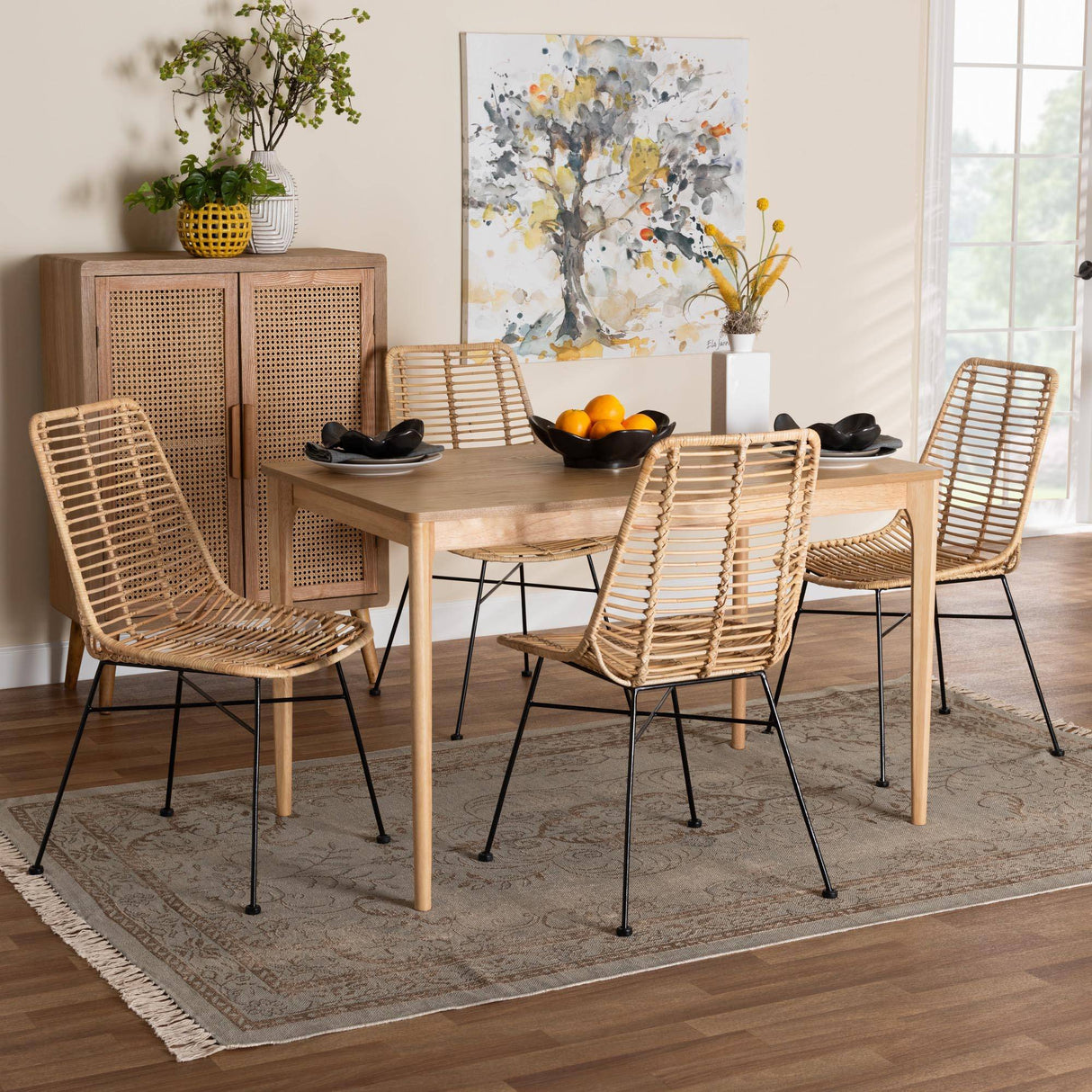 Manhattan Modern Wicker Fair Rattan and Natural Oak Finished Wood 5-Piece Dining Set