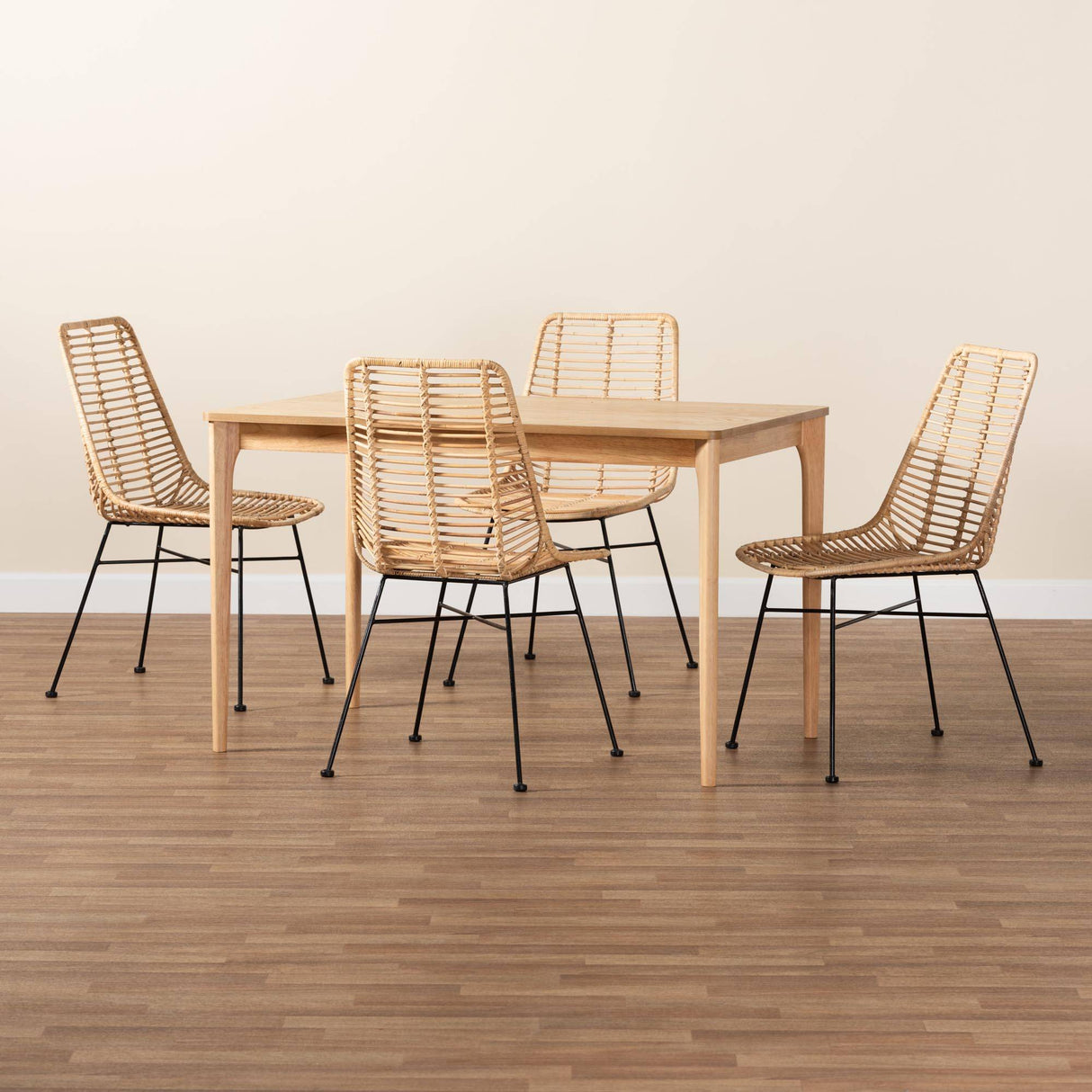 Manhattan Modern Wicker Fair Rattan and Natural Oak Finished Wood 5-Piece Dining Set