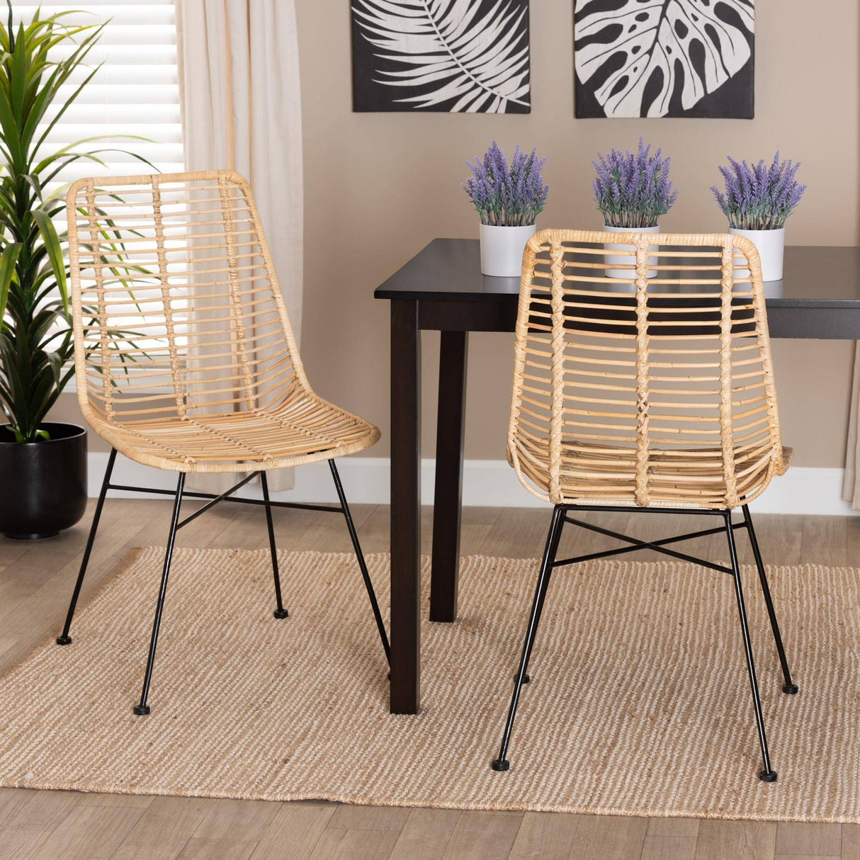 Manhattan Modern Wicker Fair Natural Brown Rattan and Black Metal 2-Piece Dining Chair Set