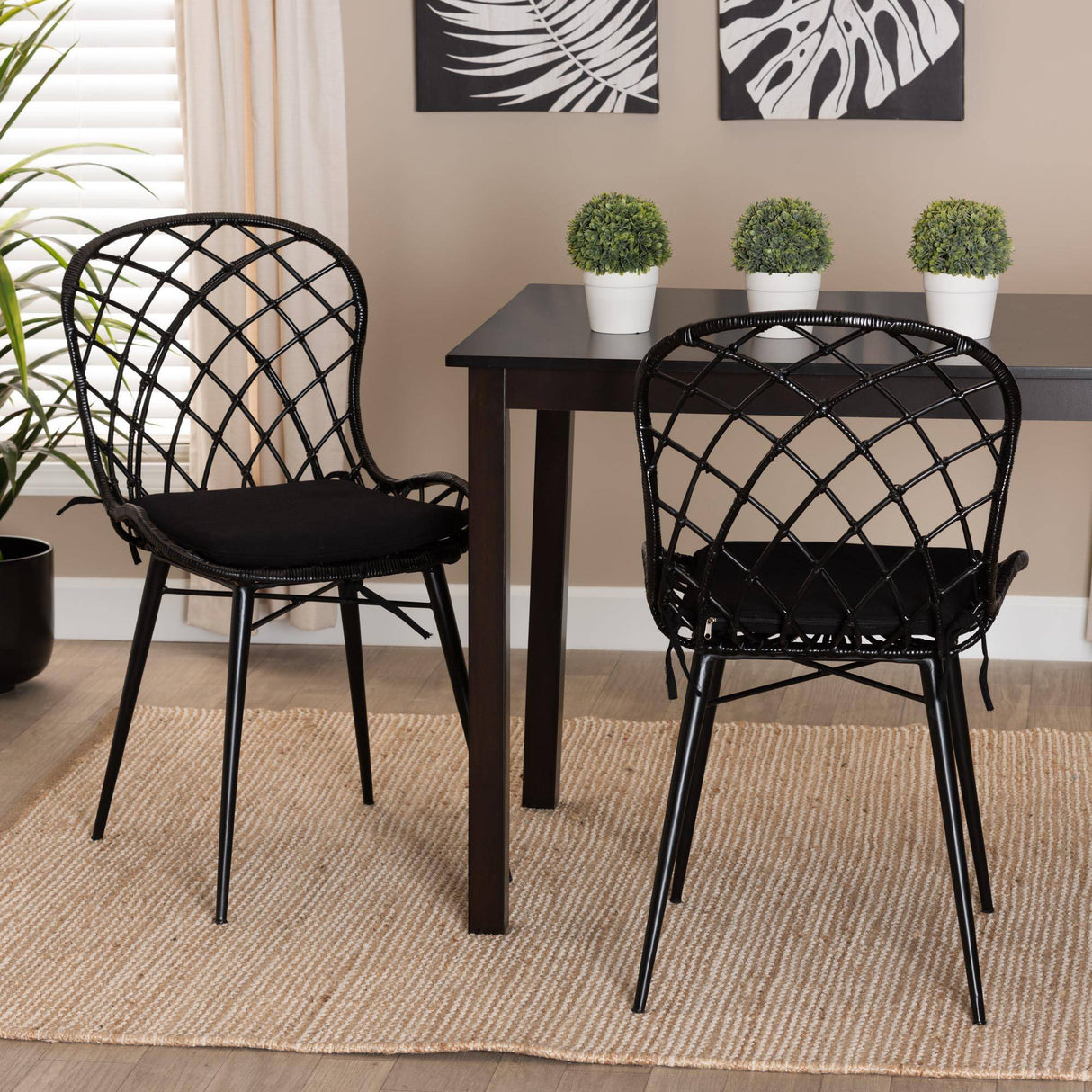 Sabelle Modern Wicker Fair Black Finished Rattan and Metal 2-Piece Dining Chair Set