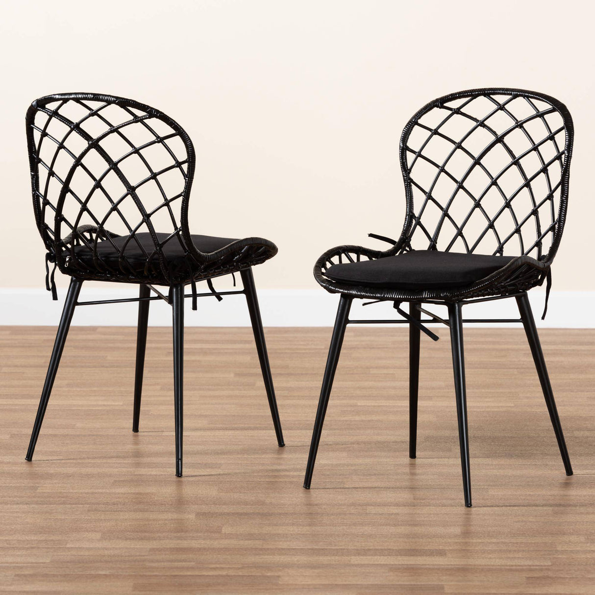 Sabelle Modern Wicker Fair Black Finished Rattan and Metal 2-Piece Dining Chair Set