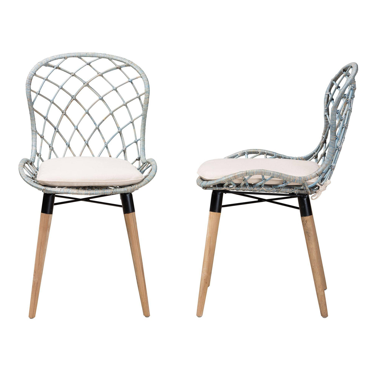 Sabelle Modern Wicker Fair Natural Brown Finished Teak Wood and Light Blue Rattan 2-Piece Dining Chair Set