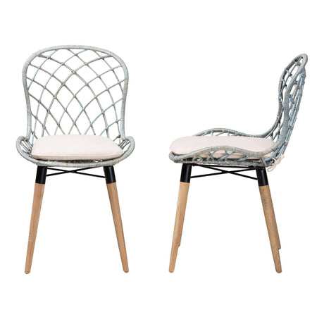 Sabelle Modern Wicker Fair Natural Brown Finished Teak Wood and Light Blue Rattan 2-Piece Dining Chair Set