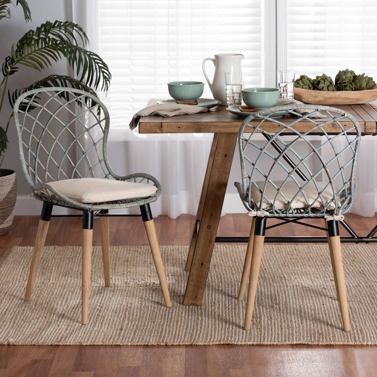 Sabelle Modern Wicker Fair Natural Brown Finished Teak Wood and Light Blue Rattan 2-Piece Dining Chair Set