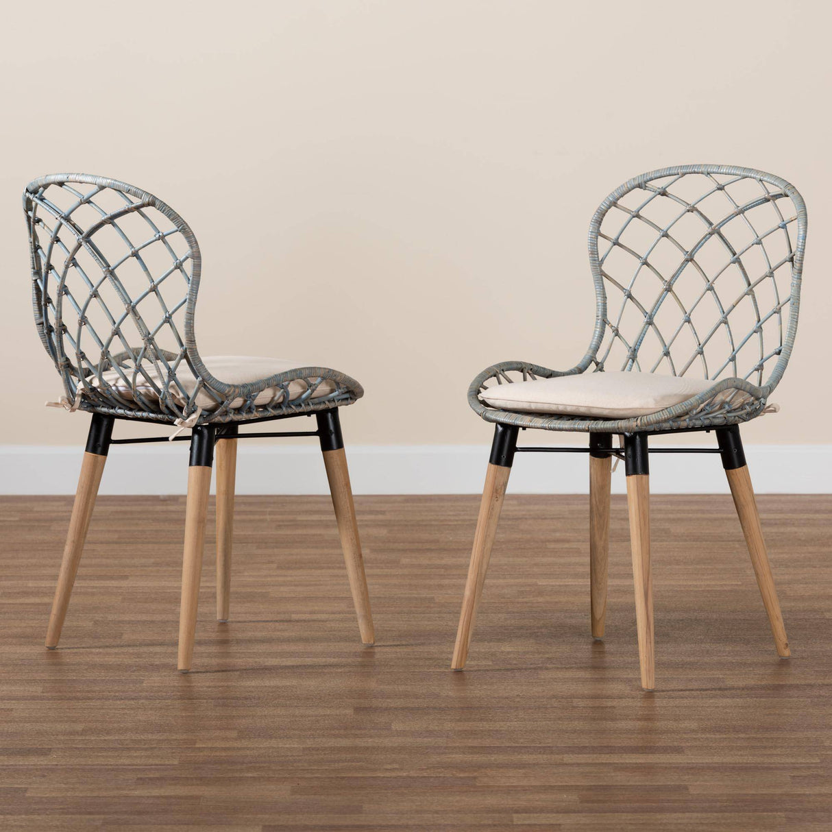 Sabelle Modern Wicker Fair Natural Brown Finished Teak Wood and Light Blue Rattan 2-Piece Dining Chair Set