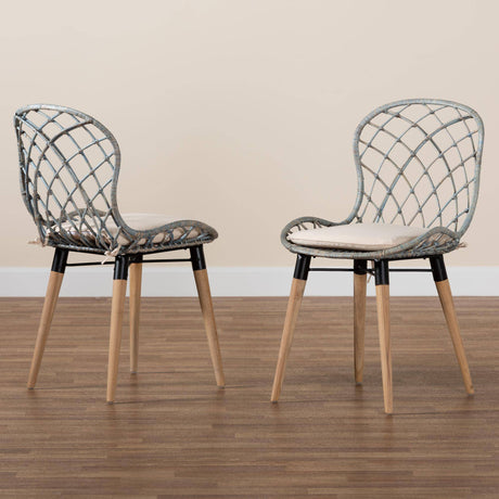 Sabelle Modern Wicker Fair Natural Brown Finished Teak Wood and Light Blue Rattan 2-Piece Dining Chair Set