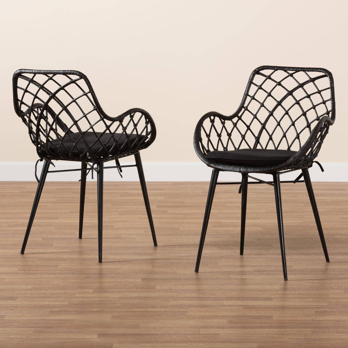 Ballerina Modern Wicker Fair Black Finished Rattan and Metal 2-Piece Dining Chair Set