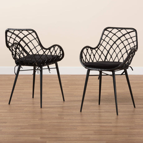 Ballerina Modern Wicker Fair Black Finished Rattan and Metal 2-Piece Dining Chair Set