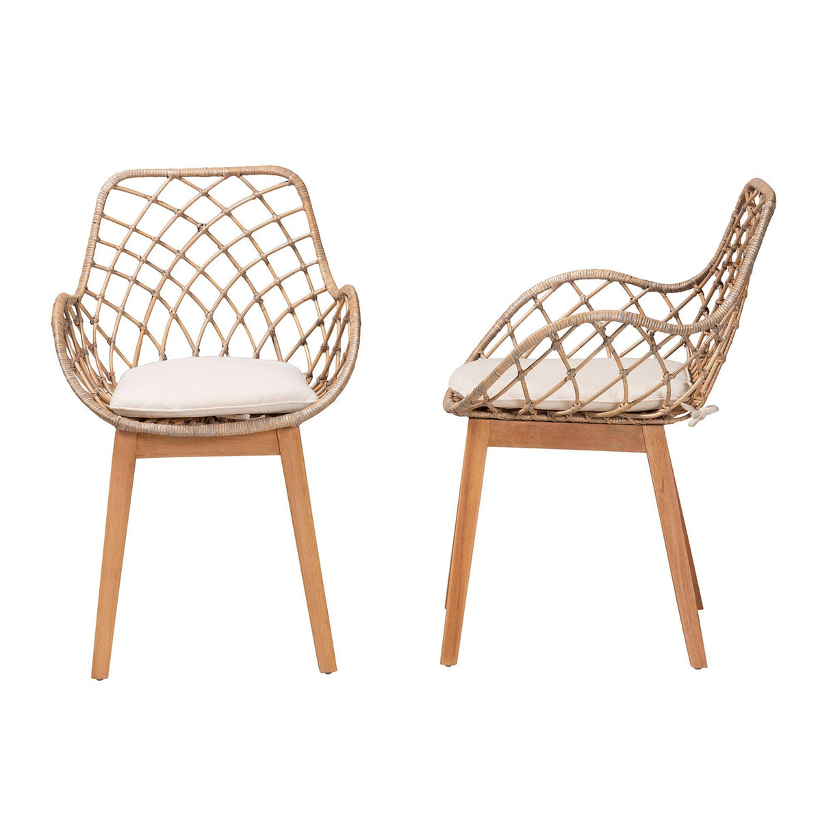 Ballerina Modern Wicker Fair Greywashed Rattan and Natural Brown Finished Wood 2-Piece Dining Chair Set