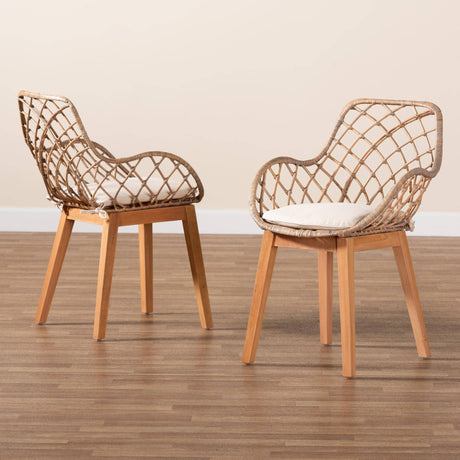 Ballerina Modern Wicker Fair Greywashed Rattan and Natural Brown Finished Wood 2-Piece Dining Chair Set